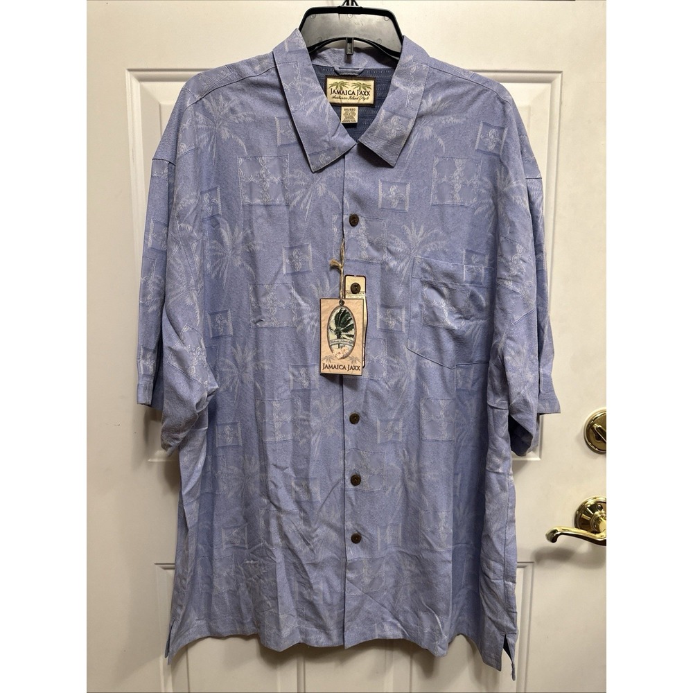 NWT‎ Jamaica Jaxx XXL 100% Silk Jacquard Slate Blue Hawaiian Shirt Palm Trees